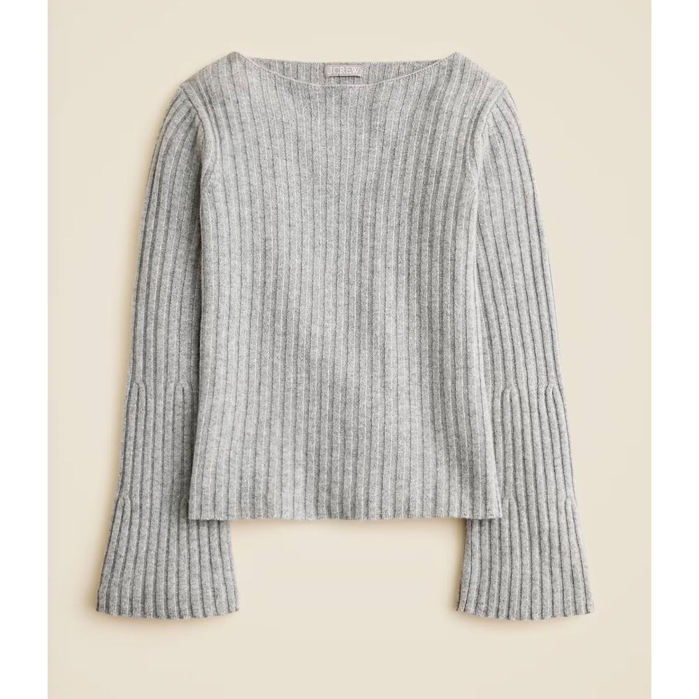 J.Crew Ribbed Boatneck Bell Sleeve Lamb's Wool Sweater Heather Gray Quiet Luxury